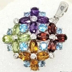 14K White Gold Multi-Gemstone & Diamond Floral Pendant Enhancer 5.50ctw